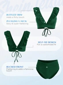 Swim Vcay Bañador bikini fruncido ribete con fruncido de talle alto - Verde Oscuro - Ver 3