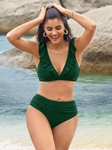 Swim Vcay Bañador bikini fruncido ribete con fruncido de talle alto - Verde Oscuro - Ver 9