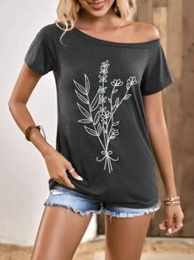 SHEIN LUNE Áo thun nữ Bất đối xứng Thực vật Giải trí - Màu xám đen - Xem 3