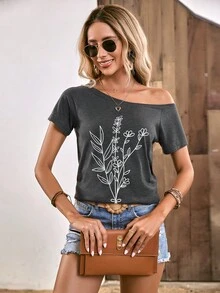 SHEIN LUNE Áo thun nữ Bất đối xứng Thực vật Giải trí - Màu xám đen - Xem 5