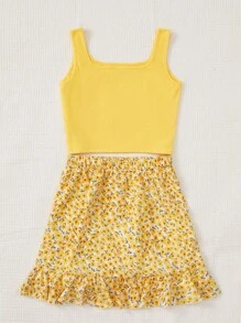 SHEIN Teen Girls Tank Top & Ditsy Floral Print Ruffle Trim Wrap Knot Side Skirt Holiday Outfits - Yellow - View 3
