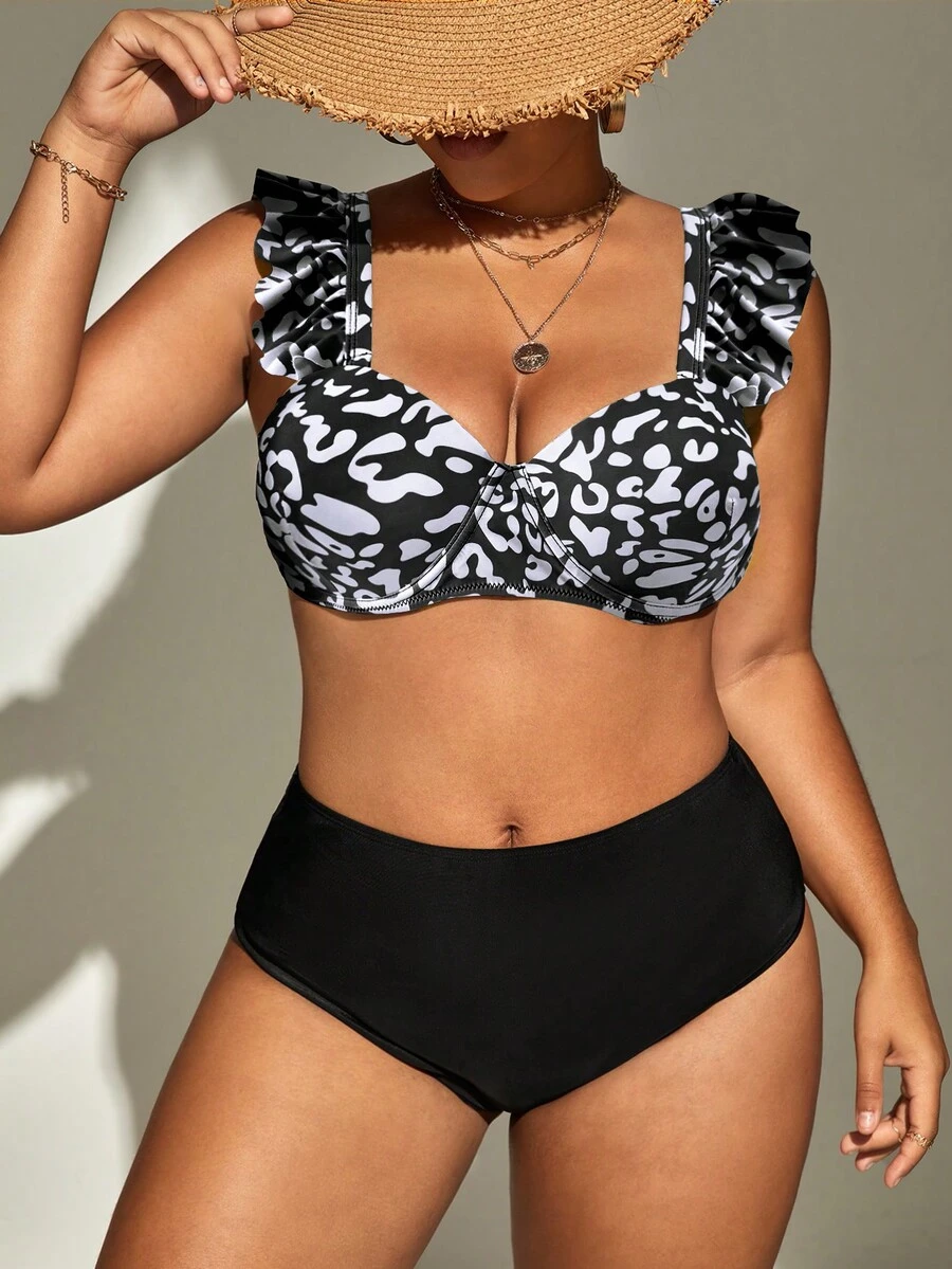 SHEIN Swim Curve Plus Size Leopard Print Ruffle Trim Push Up Bikini Set Summer Beach