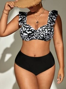 SHEIN Swim Curve Plus Size Leopard Print Ruffle Trim Push Up Bikini Set Summer Beach