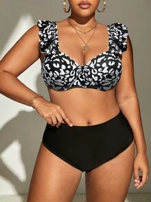 SHEIN Swim Curve Plus Size Leopard Print Ruffle Trim Push Up Bikini Set Summer Beach