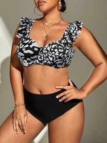 SHEIN Swim Curve Plus Size Leopard Print Ruffle Trim Push Up Bikini Set Summer Beach
