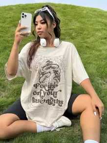 SHEIN EZwear Camiseta de manga caída con texto gráfico de lema talla grande, enfócate en tus fortalezas para el verano