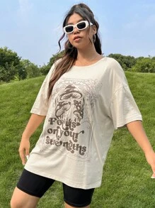 SHEIN EZwear Camiseta de manga caída con texto gráfico de lema talla grande, enfócate en tus fortalezas para el verano