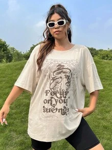 SHEIN EZwear Camiseta de manga caída con texto gráfico de lema talla grande, enfócate en tus fortalezas para el verano