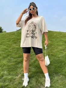 SHEIN EZwear Camiseta de manga caída con texto gráfico de lema talla grande, enfócate en tus fortalezas para el verano