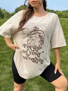 SHEIN EZwear Camiseta de manga caída con texto gráfico de lema talla grande, enfócate en tus fortalezas para el verano