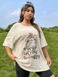 SHEIN EZwear Camiseta de manga caída con texto gráfico de lema talla grande, enfócate en tus fortalezas para el verano