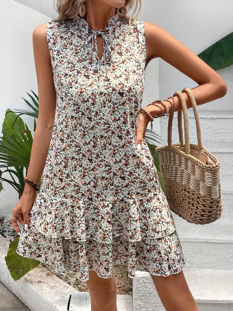 SHEIN VCAY Ditsy Floral Tie Neck Ruffle Hem Dress - Multicolor - View 3