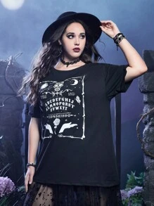ROMWE Goth Plus Skull & Letter Graphic Drop Shoulder Tee - Black - View 3