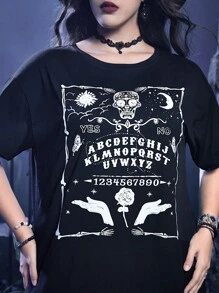 ROMWE Goth Plus Skull & Letter Graphic Drop Shoulder Tee - Black - View 4