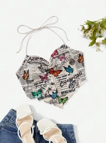 SHEIN EZwear 蝴蝶和报纸印花褶皱头巾下摆露背结饰挂脖上衣 CHARMING 时尚的灵魂