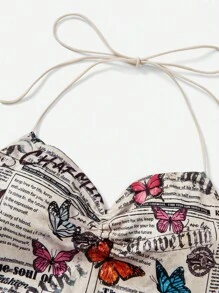 SHEIN EZwear 蝴蝶和报纸印花褶皱头巾下摆露背结饰挂脖上衣 CHARMING 时尚的灵魂