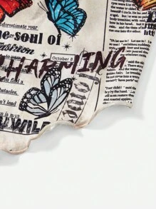 SHEIN EZwear 蝴蝶和报纸印花褶皱头巾下摆露背结饰挂脖上衣 CHARMING 时尚的灵魂