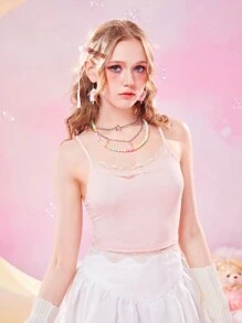 ROMWE Kawaii Contrast Lace Cami Top - Baby Pink - View 1