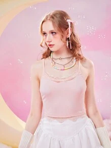 ROMWE Kawaii Contrast Lace Cami Top - Baby Pink - View 6