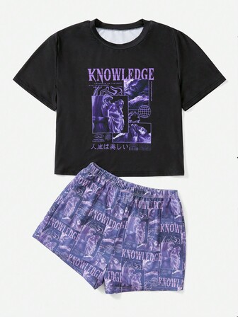 Street Life Letter Graphic Tee & Shorts PJ Set