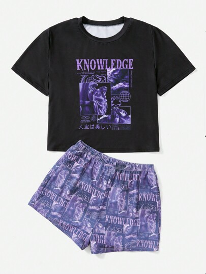 Street Life Letter Graphic Tee & Shorts PJ Set