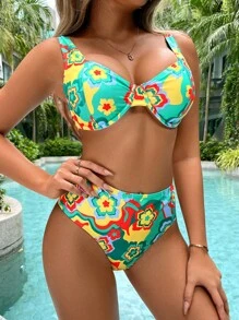 Swim Vcay 印花聚攏比基尼泳裝 - 綠色 - 查看 4