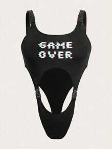 ROMWE Anime Plus Letter Graphic Cut Out Buckle Detail Teddy Bodysuit - Black - View 4