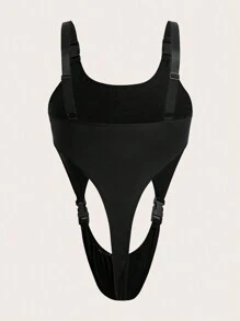 ROMWE Anime Plus Letter Graphic Cut Out Buckle Detail Teddy Bodysuit - Black - View 2