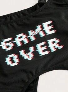 ROMWE Anime Plus Letter Graphic Cut Out Buckle Detail Teddy Bodysuit - Black - View 3