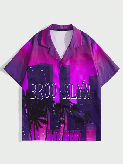 Street Life Guys Letter & Palm Tree Print Shirt