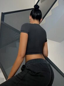 SHEIN ICON Áo thun nữ Cắt ra Sọc Giải trí - màu đen - Xem 3