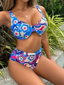 SHEIN 印花帶鋼圈比基尼泳裝 - 藍色 - 查看 3