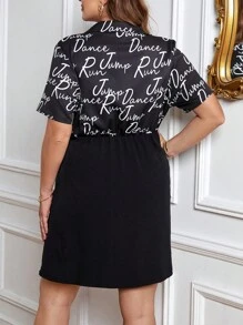 SHEIN Privé Plus Letter Graphic Knot Side Wrap Dress