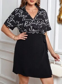 SHEIN Privé Plus Letter Graphic Knot Side Wrap Dress