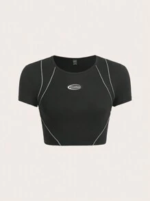 SHEIN ICON Camiseta crop con diseño de parche de letra ribete en contraste - Negro - Ver 6