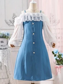 SHEIN Teen Girls Cold Shoulder Ruffle Trim Button Front Dress - Blue and White - View 1