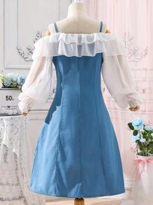 SHEIN Teen Girls Cold Shoulder Ruffle Trim Button Front Dress - Blue and White - View 2