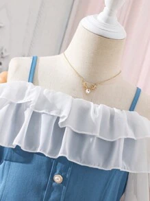 SHEIN Teen Girls Cold Shoulder Ruffle Trim Button Front Dress - Blue and White - View 3