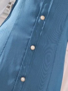 SHEIN Teen Girls Cold Shoulder Ruffle Trim Button Front Dress - Blue and White - View 4