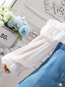 SHEIN Teen Girls Cold Shoulder Ruffle Trim Button Front Dress - Blue and White - View 5