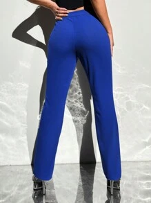 SHEIN PETITE 接縫細節素色長褲 - 寶藍色 - 查看 2