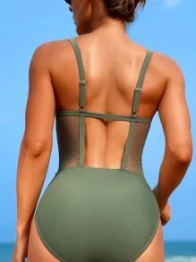 網紗拼接鋼圈連體泳衣 - 軍綠色 - 查看 2