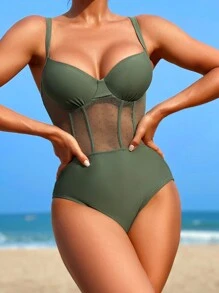網紗拼接鋼圈連體泳衣 - 軍綠色 - 查看 5