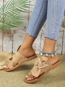 女士扭結細節T字帶涼鞋,時尚夏天仿麂皮平底涼鞋 - 卡其色 - 查看 1