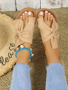 女士扭結細節T字帶涼鞋,時尚夏天仿麂皮平底涼鞋 - 卡其色 - 查看 3