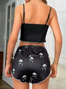 Hình ảnh Panda & Chữ cái Ren Mộc nhĩ Nơ mặt trước Bộ PJ - màu đen - Xem 2