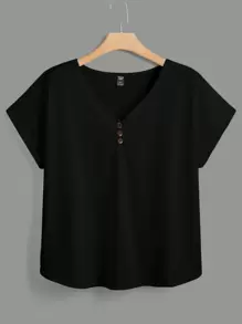 SHEIN LUNE Plus Solid Batwing Sleeve Button Detail Tee - Black - View 1