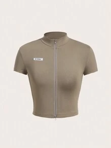 SHEIN ICON 字母貼布拉鏈開襟小高領T恤 - 卡其色 - 查看 1