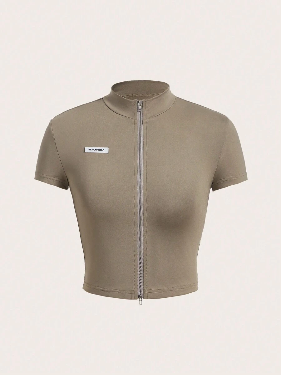 SHEIN ICON 字母貼布拉鏈開襟小高領T恤 - 卡其色 - 查看 1