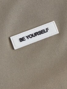 SHEIN ICON 字母貼布拉鏈開襟小高領T恤 - 卡其色 - 查看 3